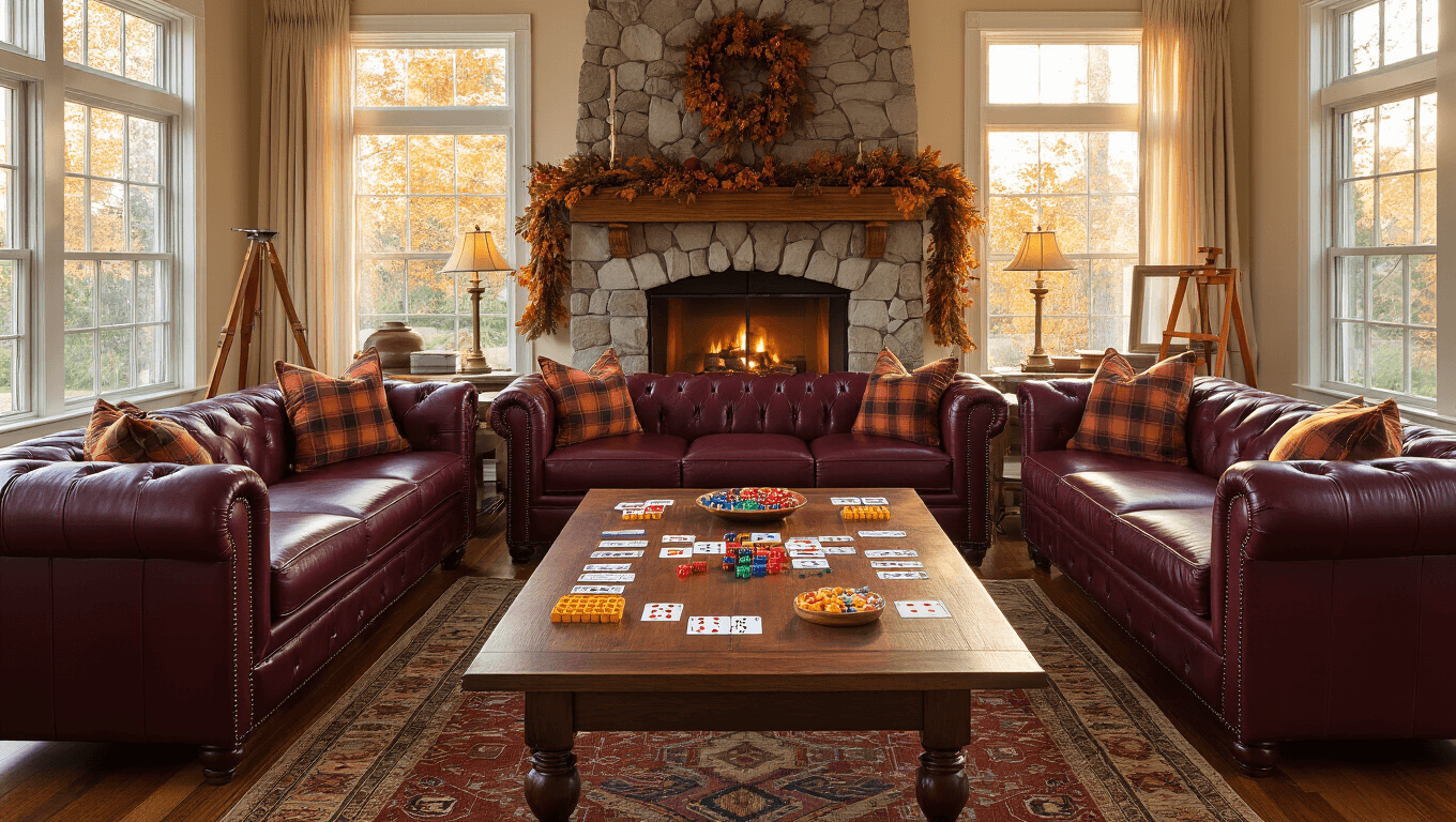 A cozy and elegant living room set up for Thanksgiving game night, featuring burgundy leather sectionals, a rustic walnut coffee table with games, warm golden hour lighting, and family members laughing and playing together.
