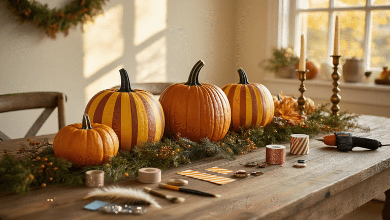 Cinematic wide-angle shot of a rustic wooden dining table adorned with decorated pumpkins in burnt orange and mustard yellow, featuring washi tape patterns and rose gold glitter, surrounded by eucalyptus garland and craft materials, all illuminated by warm golden hour light.