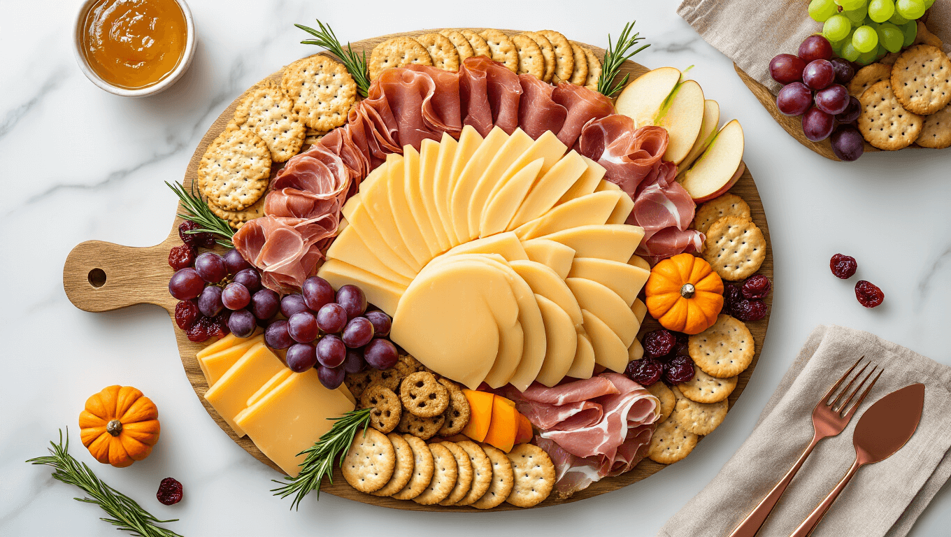 Overhead shot of a turkey-shaped charcuterie board on a white marble surface, featuring aged cheddar, prosciutto, pepperoni, assorted crackers, grapes, apple slices, and mini pumpkins, styled for a warm autumn presentation.