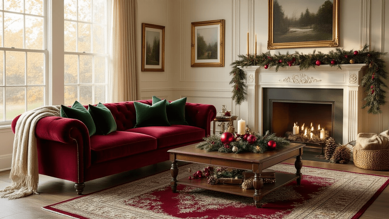 Cozy traditional Christmas living room adorned with deep crimson and forest green accents, golden hour light, velvet sofa, antique decor, and festive ornaments, creating an inviting holiday atmosphere.