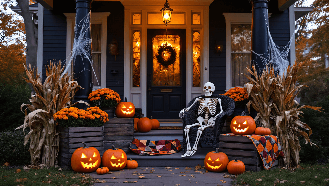 A scenic Victorian front porch decorated for Halloween, showcasing glowing carved pumpkins, a burlap-clad skeleton on a wicker chair, vibrant marigolds in wooden crates, spider webs on charcoal columns, and warm string lights creating a cozy atmosphere at golden hour.
