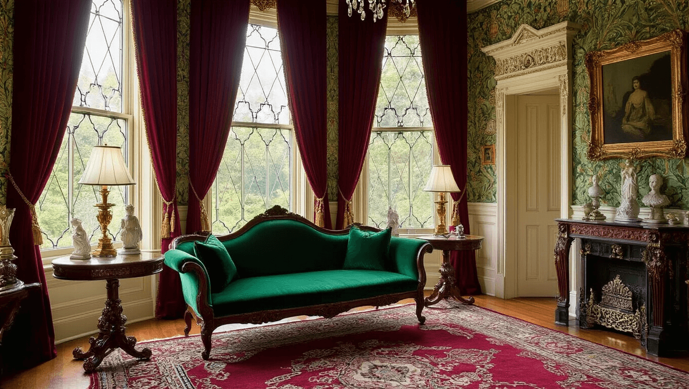 Victorian parlor featuring an emerald velvet settee and burgundy curtains, illuminated by golden morning light, with ornate details, rich textures, and a luxurious atmosphere.