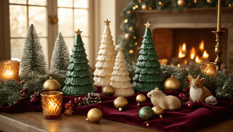 Cinematic vintage Christmas scene with glowing ceramic trees, antique brass ornaments, bottle brush trees, and nostalgic decorations on a warm wood surface, illuminated by golden hour lighting and a cozy fireplace glow.