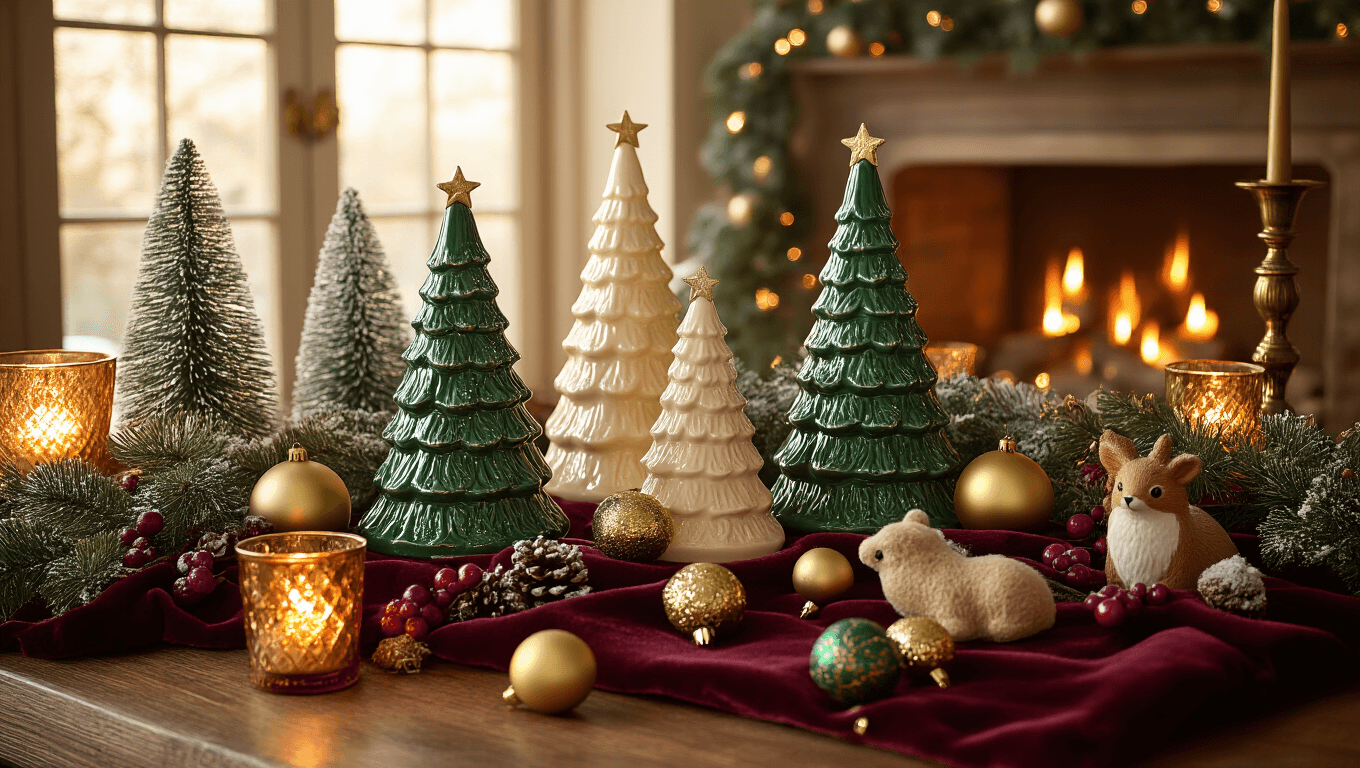 Cinematic vintage Christmas scene with glowing ceramic trees, antique brass ornaments, bottle brush trees, and nostalgic decorations on a warm wood surface, illuminated by golden hour lighting and a cozy fireplace glow.