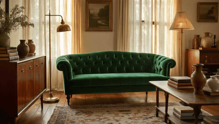 My Journey Through Second-Hand Used Furniture Stores: Where to Find Hidden Treasures Without Breaking the Bank Cinematic wide shot of an eclectic vintage living room with an emerald green velvet sofa, walnut credenza, brass floor lamp, and warm golden hour light highlighting inviting vignettes of leather-bound books and ceramic vessels.