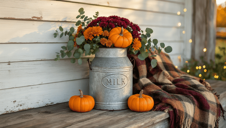 Milk Can Front Porch Decor: Transforming Your Entryway with Vintage Charm Cinematic shot of a vintage milk can filled with mini pumpkins and flowers on a rustic porch, warm golden hour lighting accentuating autumn colors and textures.