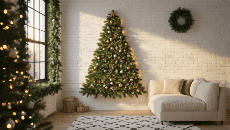 Cozy studio apartment featuring a DIY wall-mounted Christmas tree made of artificial pine garland on a white brick wall, adorned with silver and copper ornaments, illuminated by twinkling LED lights, with warm golden hour light and a cream sectional sofa nearby.