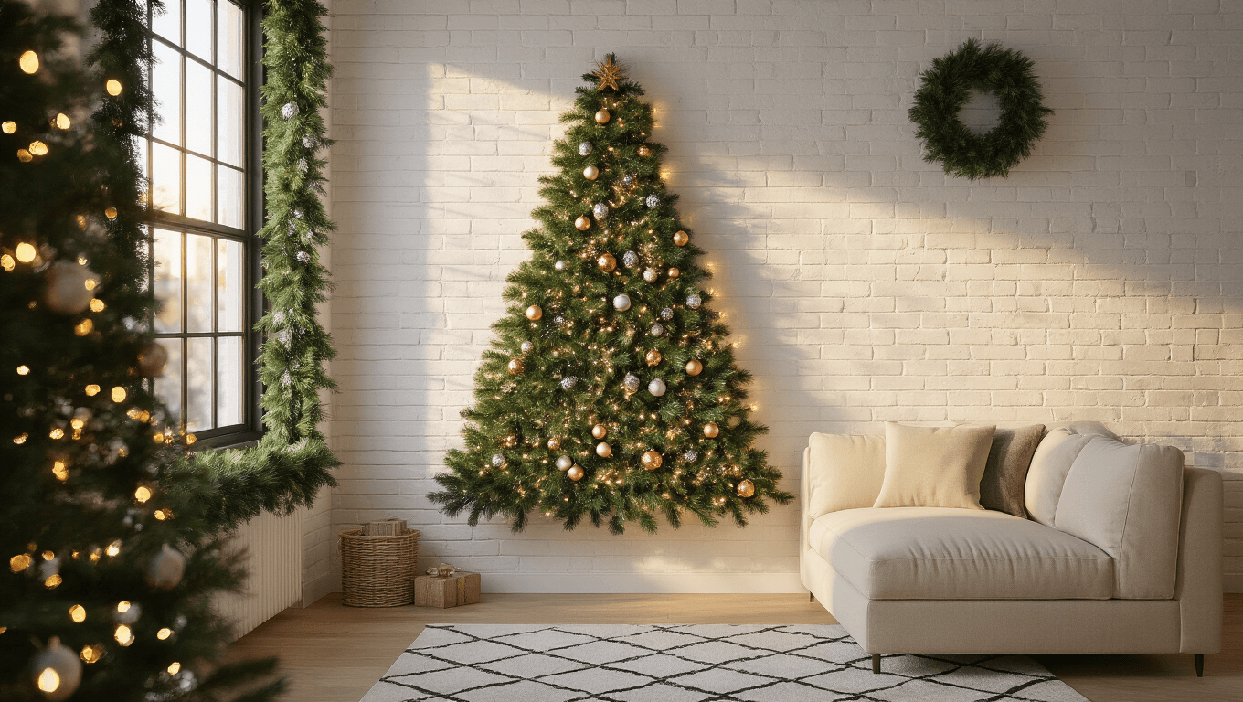 Cozy studio apartment featuring a DIY wall-mounted Christmas tree made of artificial pine garland on a white brick wall, adorned with silver and copper ornaments, illuminated by twinkling LED lights, with warm golden hour light and a cream sectional sofa nearby.