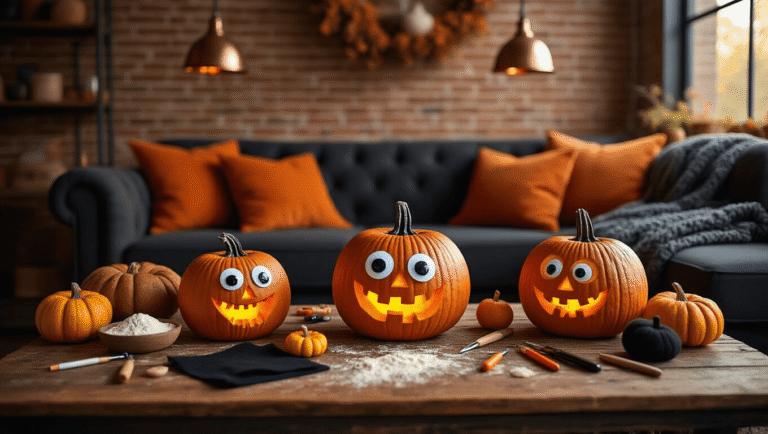 25 Spooktacular Jack-o'-Lantern Carving Ideas to Elevate Your Halloween Decor A cozy living room at golden hour, featuring whimsical carved pumpkins with googly eyes on a rustic oak table, surrounded by crafting supplies and a plush charcoal sectional sofa, all illuminated by warm amber light.