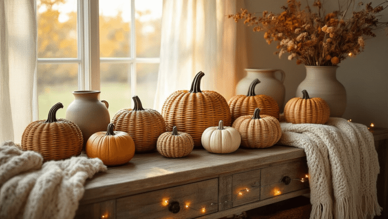 Wicker Pumpkins: Your Ultimate Guide to Fall Decor Magic Cinematic wide-angle shot of a rustic wooden console table decorated with wicker pumpkins of various sizes, illuminated by golden hour sunlight, surrounded by fall elements like ceramic vessels, dried botanicals, and fairy lights, featuring an earthy color palette and intricate textures.