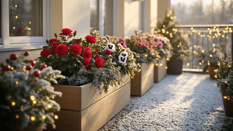 Sunlit winter balcony adorned with vibrant planter boxes of Christmas roses, pink winter heath, ice baby pansies, and evergreen skimmia, illuminated by golden morning light and warm LED string lights, creating an ethereal atmosphere with frost-covered textures.