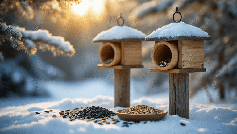 Cinematic winter bird feeding station with rustic wooden tube feeders and suet cages on snow, scattered sunflower seeds, warm golden hour light filtering through frost-covered pine branches, showcasing rich wood textures and inviting wildlife atmosphere.