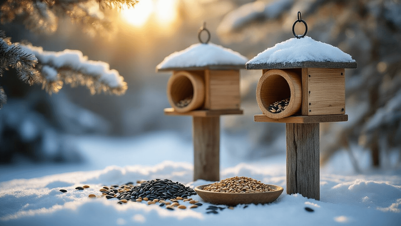 Cinematic winter bird feeding station with rustic wooden tube feeders and suet cages on snow, scattered sunflower seeds, warm golden hour light filtering through frost-covered pine branches, showcasing rich wood textures and inviting wildlife atmosphere.