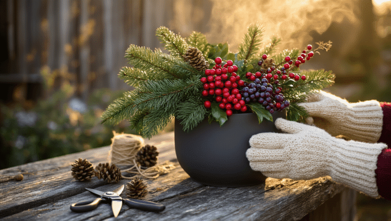 Close-up of hands in chunky cream gloves arranging a winter container planter with fresh pine branches, red winterberry holly, and purple callicarpa berries on a rustic barn wood surface, with warm golden hour lighting and organic styling elements like pine cones and pruning shears.