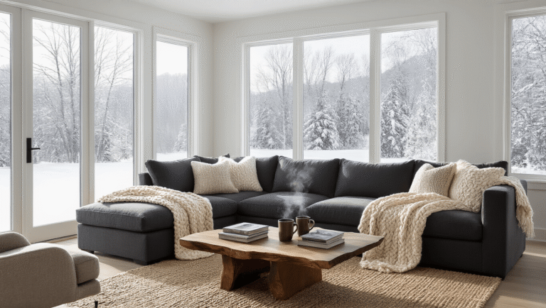Capturing the Magic of Winter Landscapes: A Photographer's Guide A cozy winter living room featuring a charcoal gray sectional sofa adorned with cream throw pillows and wool blankets, softly lit by natural light from floor-to-ceiling windows overlooking a snowy landscape, with minimalist decor and warm wood accents creating an inviting atmosphere.
