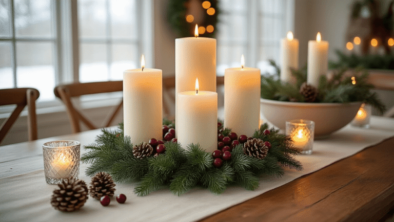 Cozy farmhouse dining room with layered candlelight display, featuring pillar candles in an evergreen wreath, warm golden glow, rustic decor, and winter twilight ambiance.