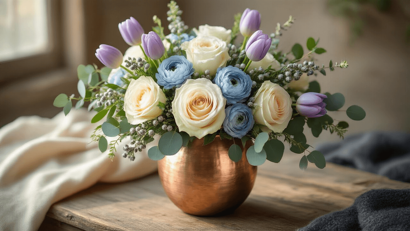 Cinematic close-up of a winter floral arrangement featuring white roses, blue ranunculus, lavender tulips, and eucalyptus in a brushed copper vase, with warm golden hour lighting and a blurred background of cream linen and charcoal wool.