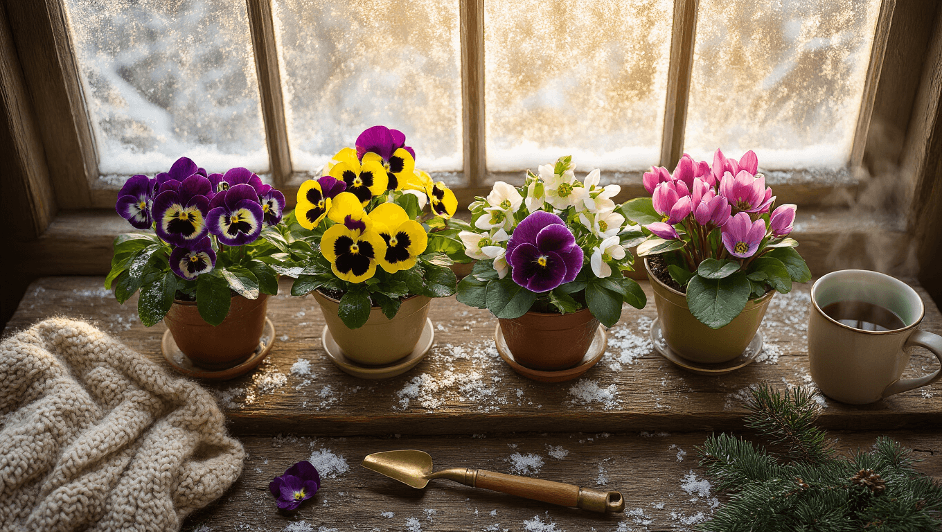 Cinematic overhead shot of vibrant winter flowers including purple and yellow pansies, white hellebores, and pink cyclamen in vintage pots on a weathered wood surface, bathed in soft golden hour light with scattered snow crystals and a cozy mug nearby.