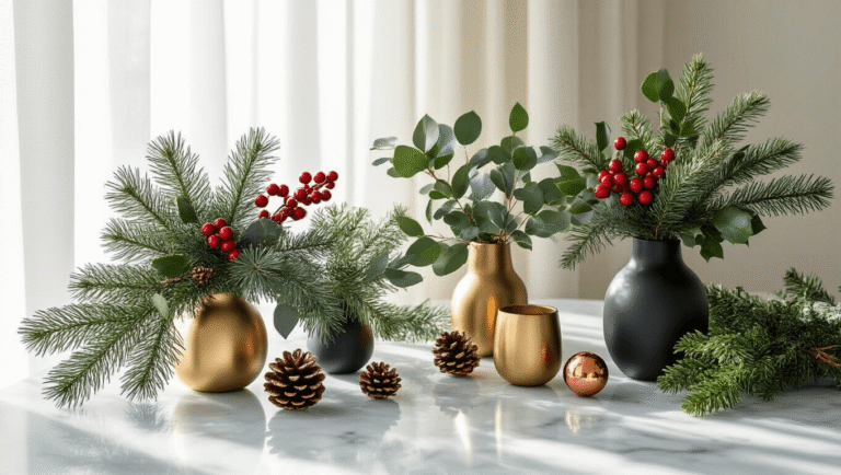 Elegant winter greenery arrangement on a marble countertop featuring spruce, pine, eucalyptus, holly berries, and boxwood in gold and black vases, with soft morning light casting shadows, frosted pinecones, and copper details.