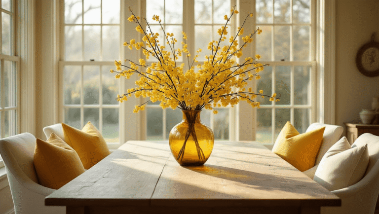 Winter Jasmine: The Vibrant Yellow Harbinger of Spring's Arrival A cozy sunroom with floor-to-ceiling windows, featuring a large winter jasmine arrangement in an amber vase on a rustic oak table, surrounded by cream linen chairs and soft yellow throw pillows, illuminated by warm golden hour light.