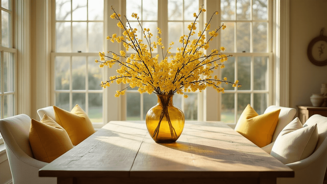 A cozy sunroom with floor-to-ceiling windows, featuring a large winter jasmine arrangement in an amber vase on a rustic oak table, surrounded by cream linen chairs and soft yellow throw pillows, illuminated by warm golden hour light.