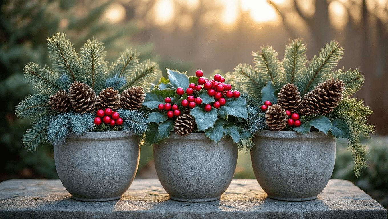 Cinematic wide-angle shot of winter outdoor planters with blue spruce, red winterberry holly, ornamental cabbage, and trailing ivy in frost-resistant containers, featuring pine cones and berries, illuminated by golden hour light against a clean neutral background.