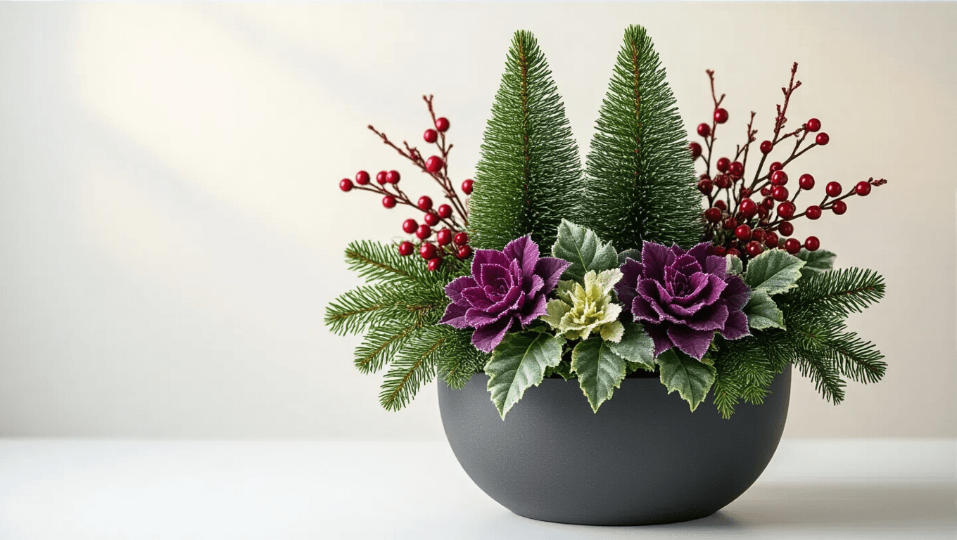 Cinematic close-up of an elegant winter planter with dwarf Alberta spruce, emerald boxwood, frost-kissed ornamental kale, and red winterberry in a charcoal container, lit by soft golden hour lighting against a clean white background.