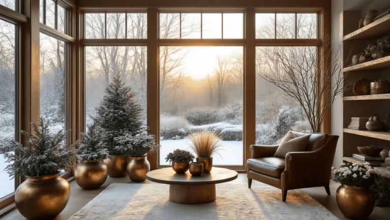 A cozy sunroom during golden hour, featuring floor-to-ceiling windows showcasing a snowy landscape, weathered wood floors, vintage brass planters with evergreen shrubs and ornamental grasses, and a reading nook with a leather armchair, surrounded by textured ceramics and sculptural bare branches in oversized urns.
