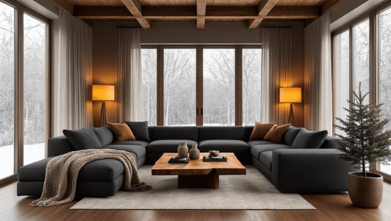 Winter Tree Survival: How Trees Adapt and Thrive in Freezing Conditions A cozy modern living room featuring a charcoal sectional sofa adorned with textured throws, a rich walnut coffee table, amber lighting, and large windows showcasing frost-kissed trees, all set against warm earthy tones and layered natural textures.