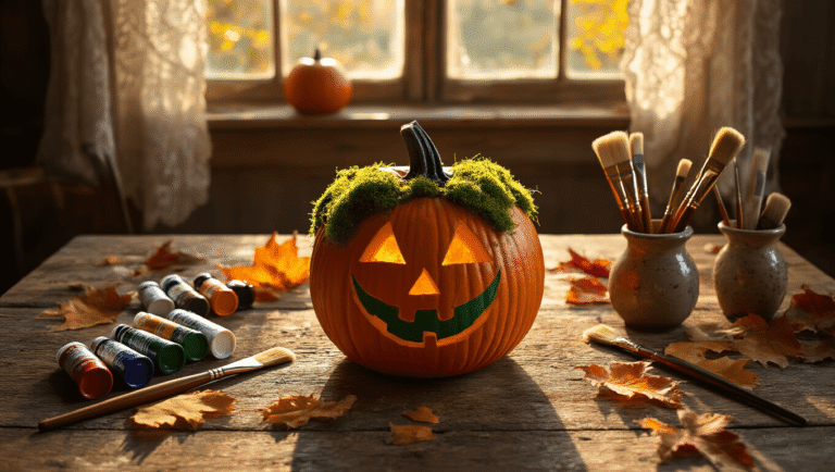 Overhead shot of a rustic wooden table with an orange pumpkin featuring a painted green witch face and moss hair, surrounded by colorful acrylic paints, vintage paintbrushes, pumpkin shavings, autumn leaves, and crafting tools, all illuminated by warm golden hour sunlight.