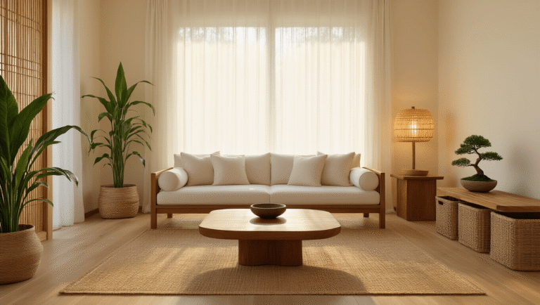 Photorealistic wide-angle interior shot of a zen living room featuring warm cream walls, honey-colored bamboo flooring, a low-profile walnut sofa, and natural light filtering through sheer linen curtains, adorned with a live-edge wooden coffee table, plants, and soft ambient lighting.
