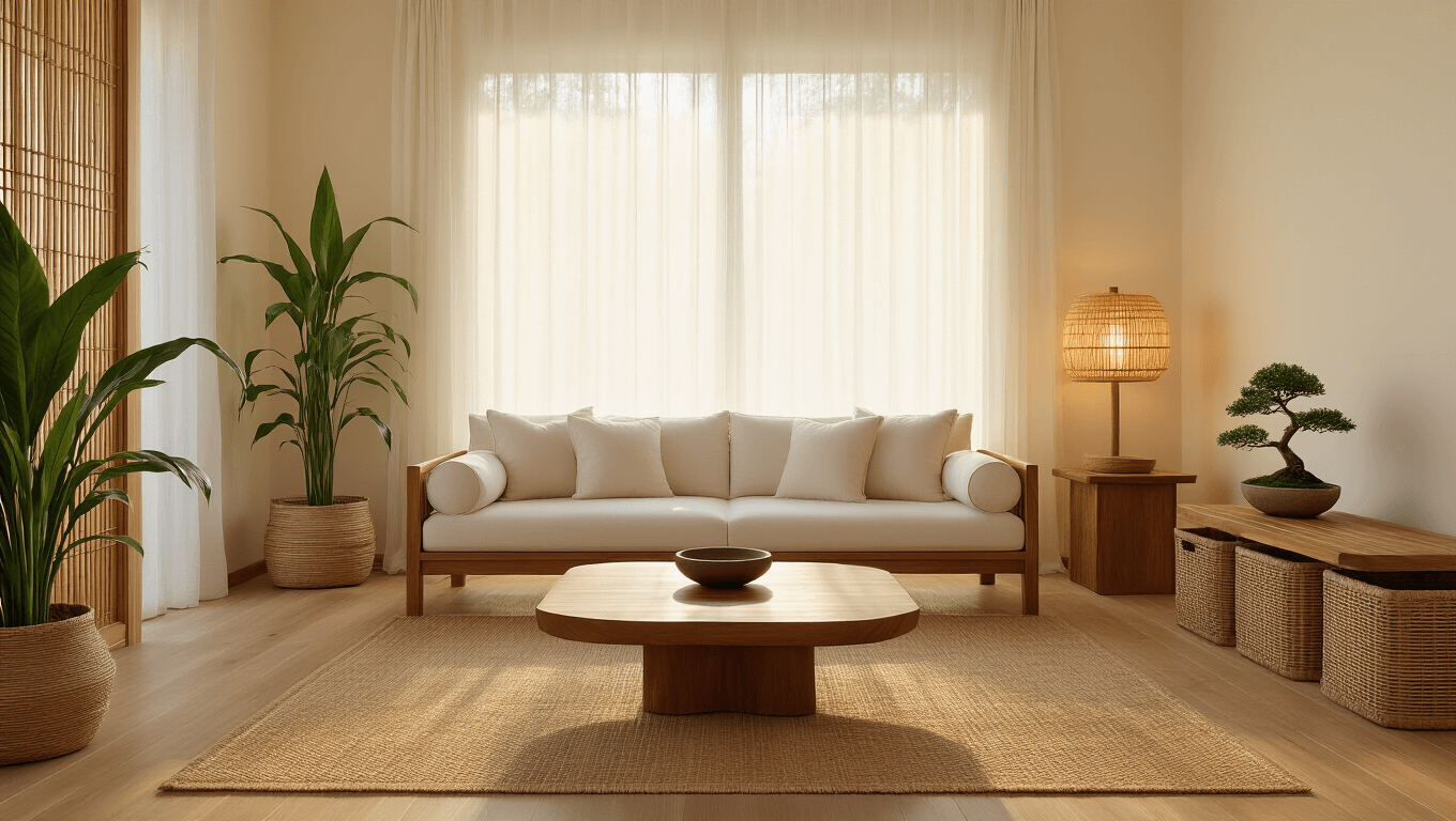 Photorealistic wide-angle interior shot of a zen living room featuring warm cream walls, honey-colored bamboo flooring, a low-profile walnut sofa, and natural light filtering through sheer linen curtains, adorned with a live-edge wooden coffee table, plants, and soft ambient lighting.