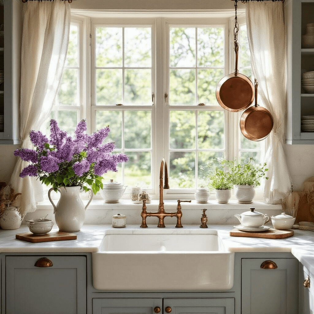 A rustic farmhouse kitchen featuring pale blue-gray cabinetry, soft white marble countertops, and a large bay window overlooking a lilac garden, adorned with vintage copper cookware, fresh lilac branches in an antique porcelain pitcher, and warm morning sunlight filtering through sheer linen curtains.