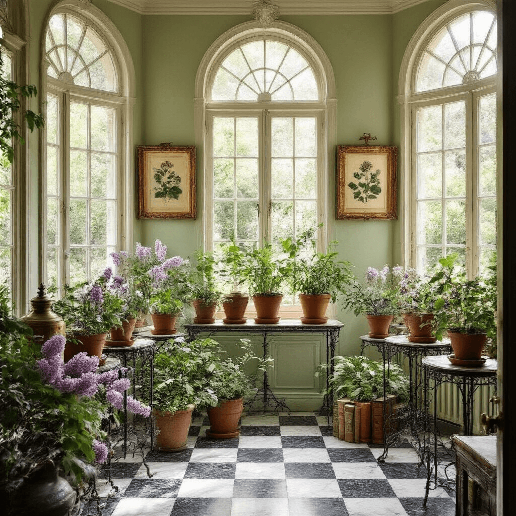 An elegant Victorian-inspired conservatory interior featuring wrought iron plant stands with vintage terracotta pots, framed botanical illustrations in gilded frames, pale sage green walls, and a checkerboard marble floor. Large arched windows showcase a manicured garden with lilac bushes, with soft morning light illuminating antique brass misting bottles and leather-bound gardening journals.