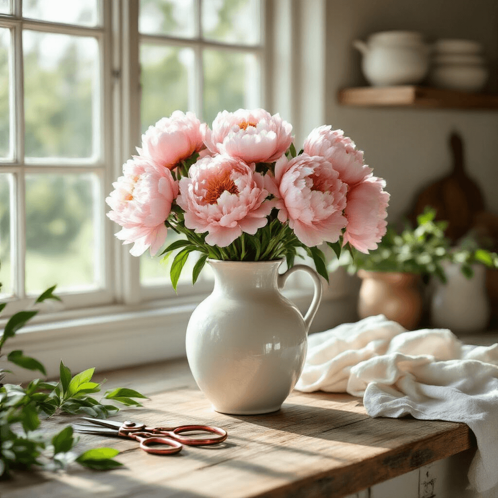 A beautifully designed farmhouse kitchen bathed in morning sunlight, featuring a white ceramic vase with blush pink and coral peonies on a reclaimed wood table, surrounded by vintage copper scissors, fresh green leaves, and linen tea towels, all captured with a soft, clean aesthetic.