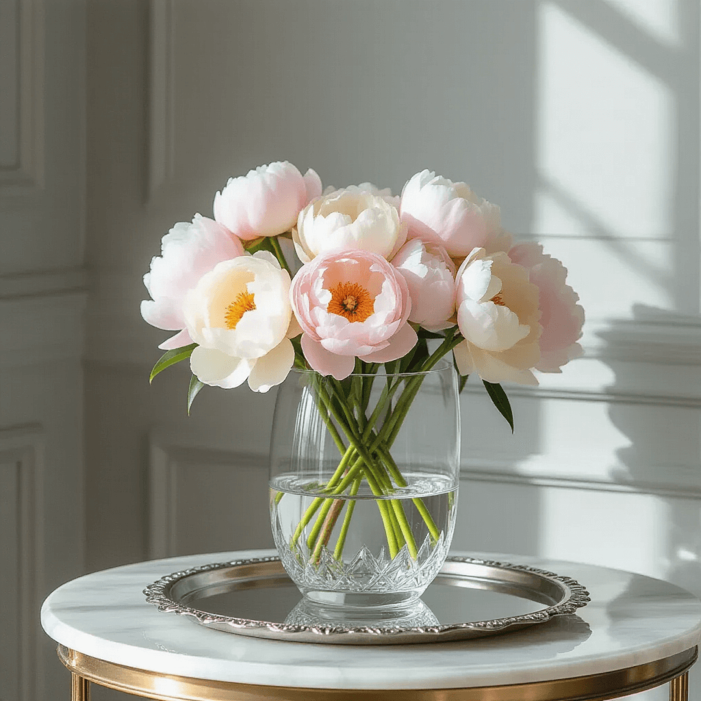 Elegant dining room with a round marble-topped side table featuring a crystal-clear vase of pale pink and cream peonies, soft gray walls as backdrop, vintage silver flower cutting tray, and morning light casting soft shadows.