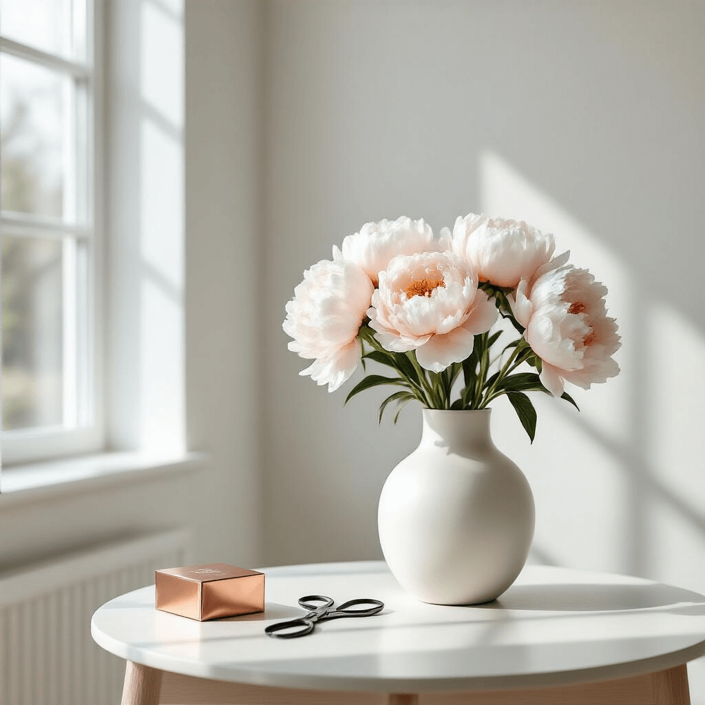 A minimalist Scandinavian living room with cool white walls, light oak flooring, and a contemporary white ceramic vase holding soft blush and white peonies, illuminated by indirect natural light. A copper flower food packet and sharp botanical scissors rest on a sleek side table, emphasizing negative space and the floral arrangement's beauty.