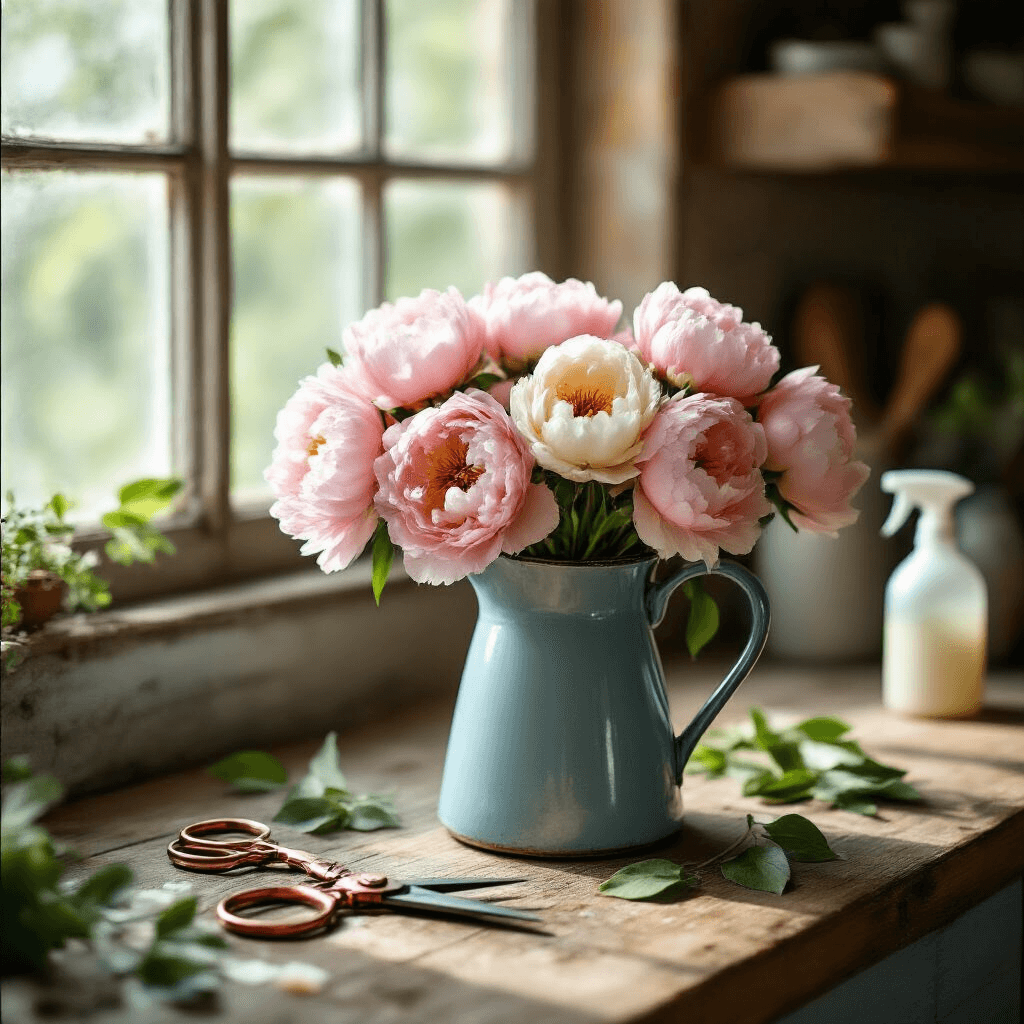 A rustic wooden kitchen counter features a vintage blue-gray enamel pitcher filled with pink and cream peonies, with fresh cut stems visible. Soft morning light filters through a window, illuminating the scene, which includes antique copper scissors, a bleach cleaning solution, and scattered green leaves, creating an intimate and authentic atmosphere of flower preparation.