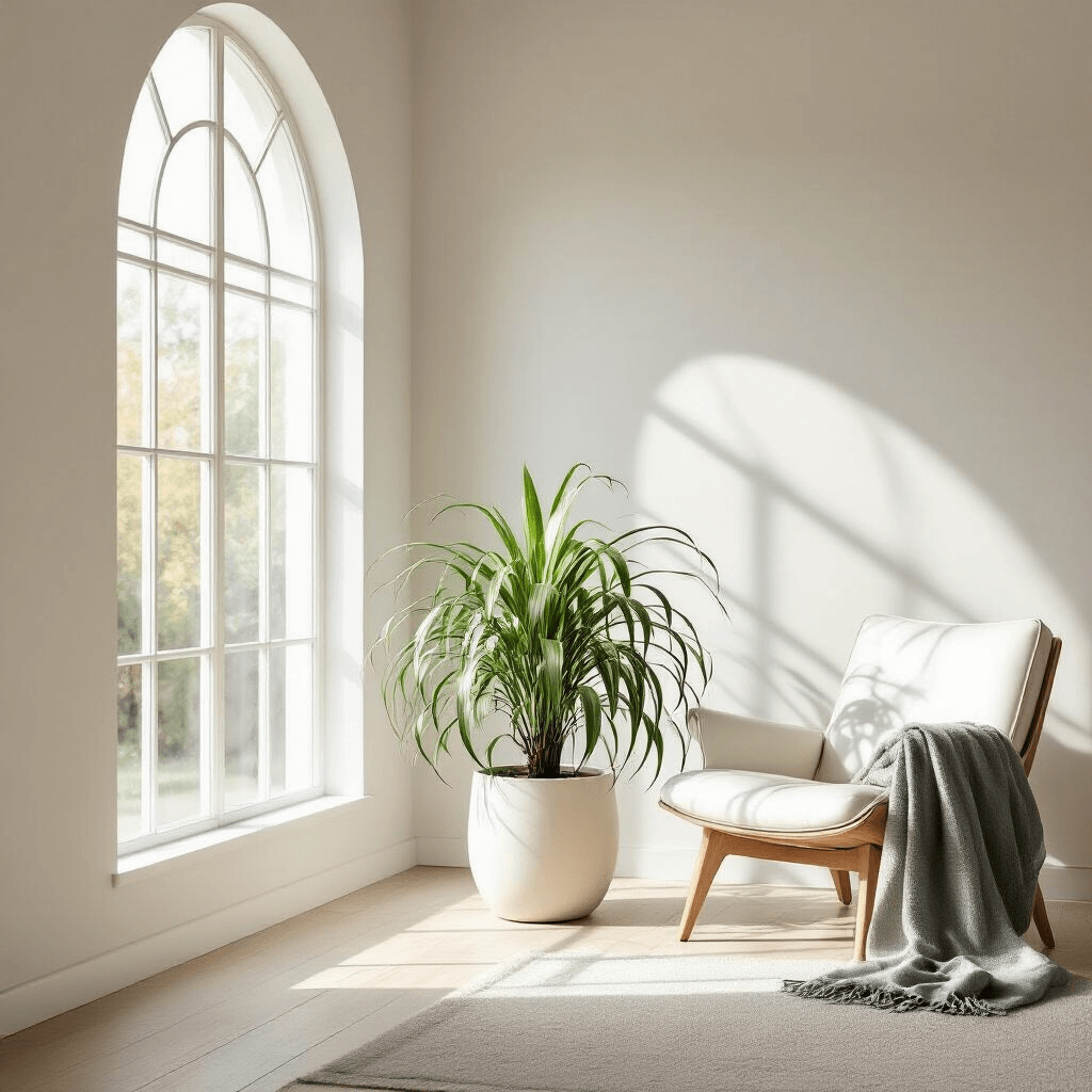 A sunlit minimalist living room featuring a large arched window, white ceramic planter with a lush spider plant, light wood flooring, and a mid-century modern white leather chair draped with a gray wool throw, showcasing a neutral palette with sage green accents and soft shadows.