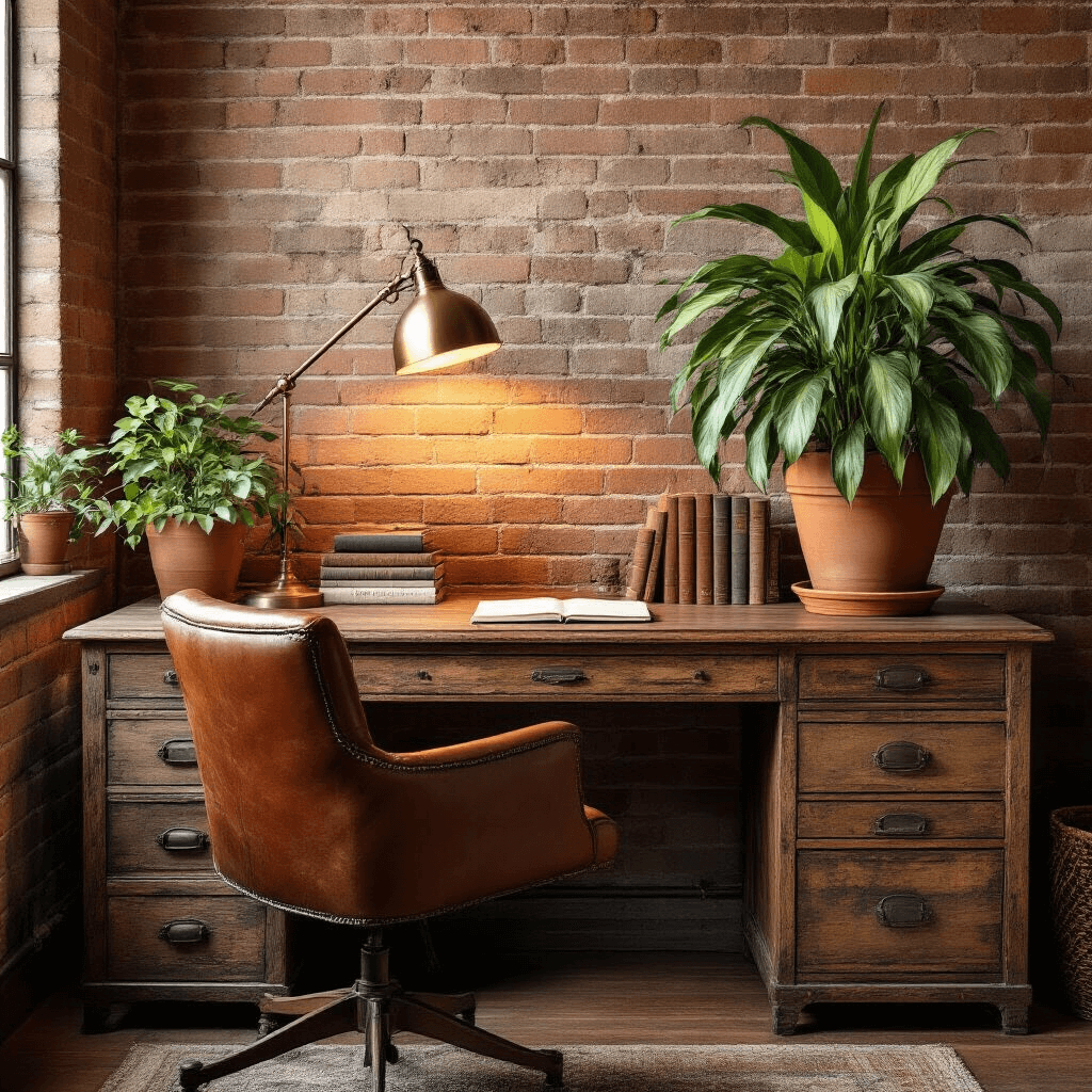 A cozy home office corner featuring an industrial-rustic aesthetic with an exposed brick wall, a vintage wooden desk, and a warm amber light. A large terra cotta pot holds a mature spider plant beside a modern brass desk lamp, with a soft brown leather chair and scattered botanical reference books. The muted earth tones of terracotta, deep sage, and warm wood create a rich, intimate workspace atmosphere.
