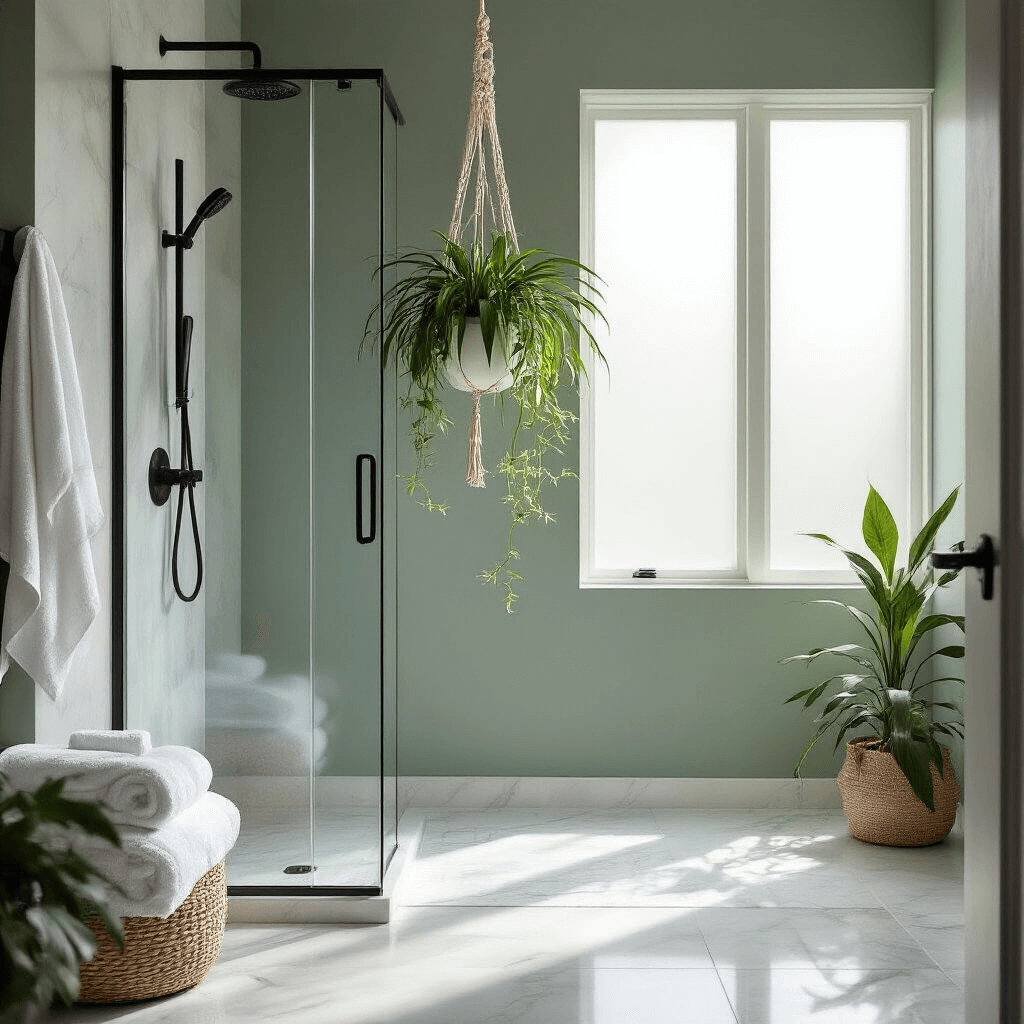 A serene minimalist bathroom featuring a large walk-in shower, marble tile flooring, and suspended spider plant in a macramé planter. Soft natural light, matte black fixtures, rolled white towels, and a subtle eucalyptus green accent wall create a calm and harmonious atmosphere.