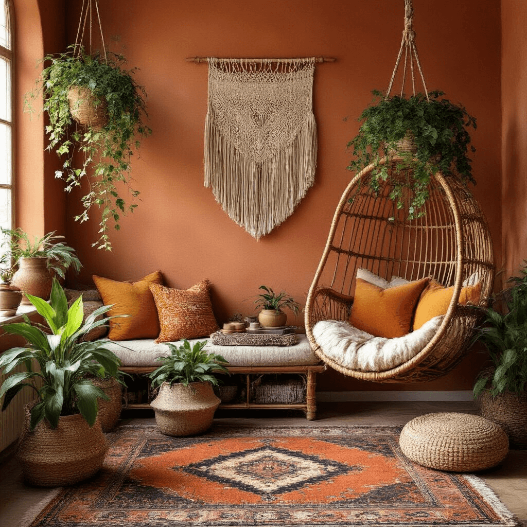A cozy bohemian living room corner featuring a vintage Persian rug, a rattan hanging chair, and a large woven basket planter with a spider plant. The warm terracotta walls are adorned with a macramé wall hanging and a collection of vintage ceramics. Soft throw pillows in burnt orange and mustard add comfort, all illuminated by golden hour lighting, creating a rich, inviting atmosphere that showcases an eclectic mix of textures.