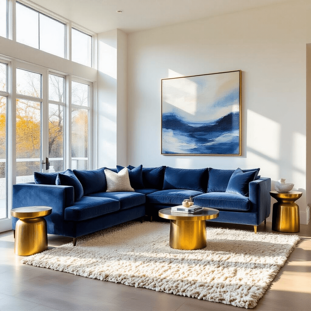 Ultra-wide angle view of a contemporary living room featuring white walls, a navy blue velvet sectional sofa, and warm sunlight streaming through large windows, complemented by a cream wool rug and brass side tables, with blue and white abstract maritime artwork.