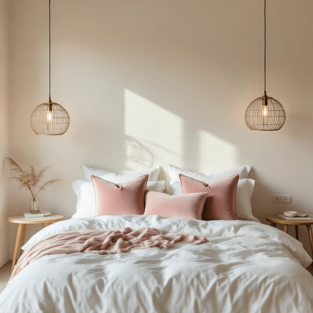 A serene minimalist bedroom with warm white walls, blush pink velvet accent pillows on white linen bedding, delicate brass pendant lights, and pale wood mid-century modern side tables, all captured in soft natural light from a low angle.