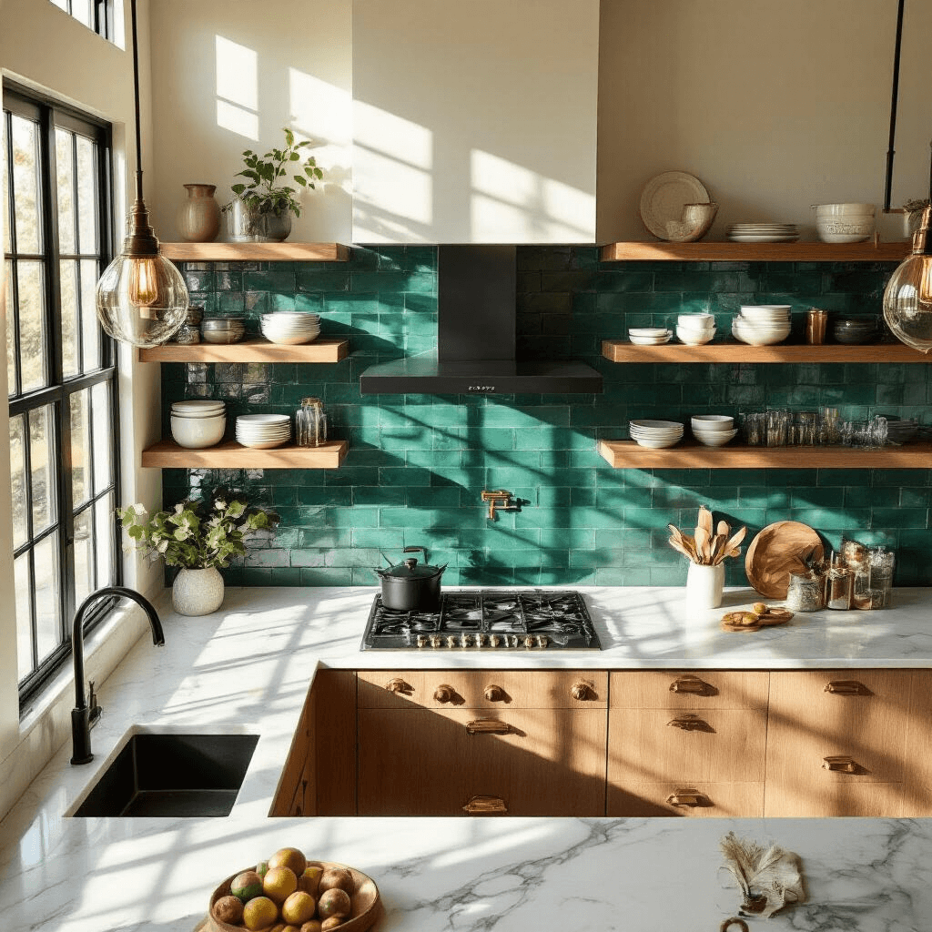 Overhead view of a modern kitchen featuring white marble countertops, emerald green glass backsplash, matte black fixtures, warm wood floating shelves, and brushed brass hardware, with afternoon sunlight casting geometric shadows.