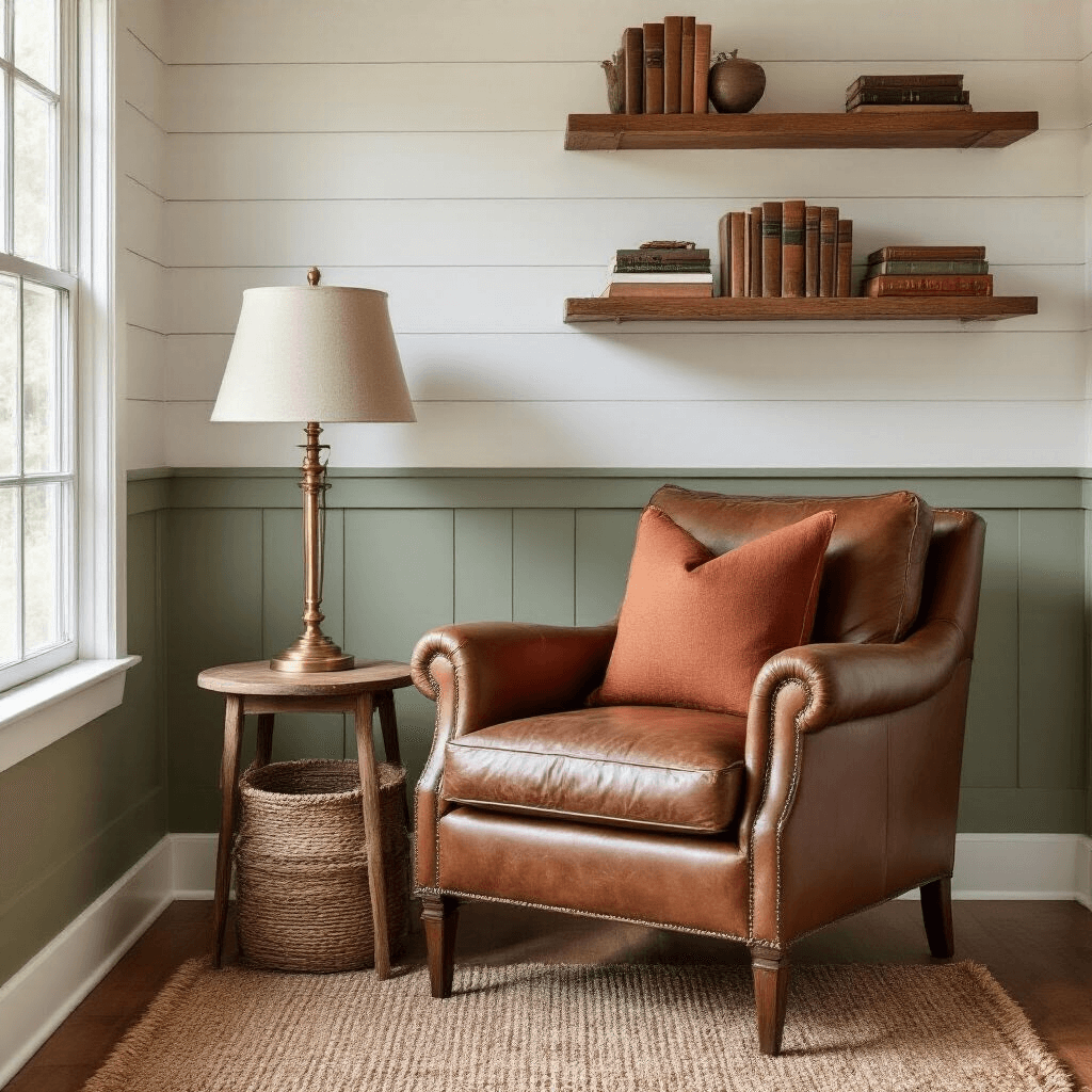 Intimate study corner with sage green accent wall, warm white shiplap, vintage brass lamp, leather armchair with terracotta throw pillow, woven jute rug, wooden floating shelves with books, and soft morning light creating a grounding atmosphere.