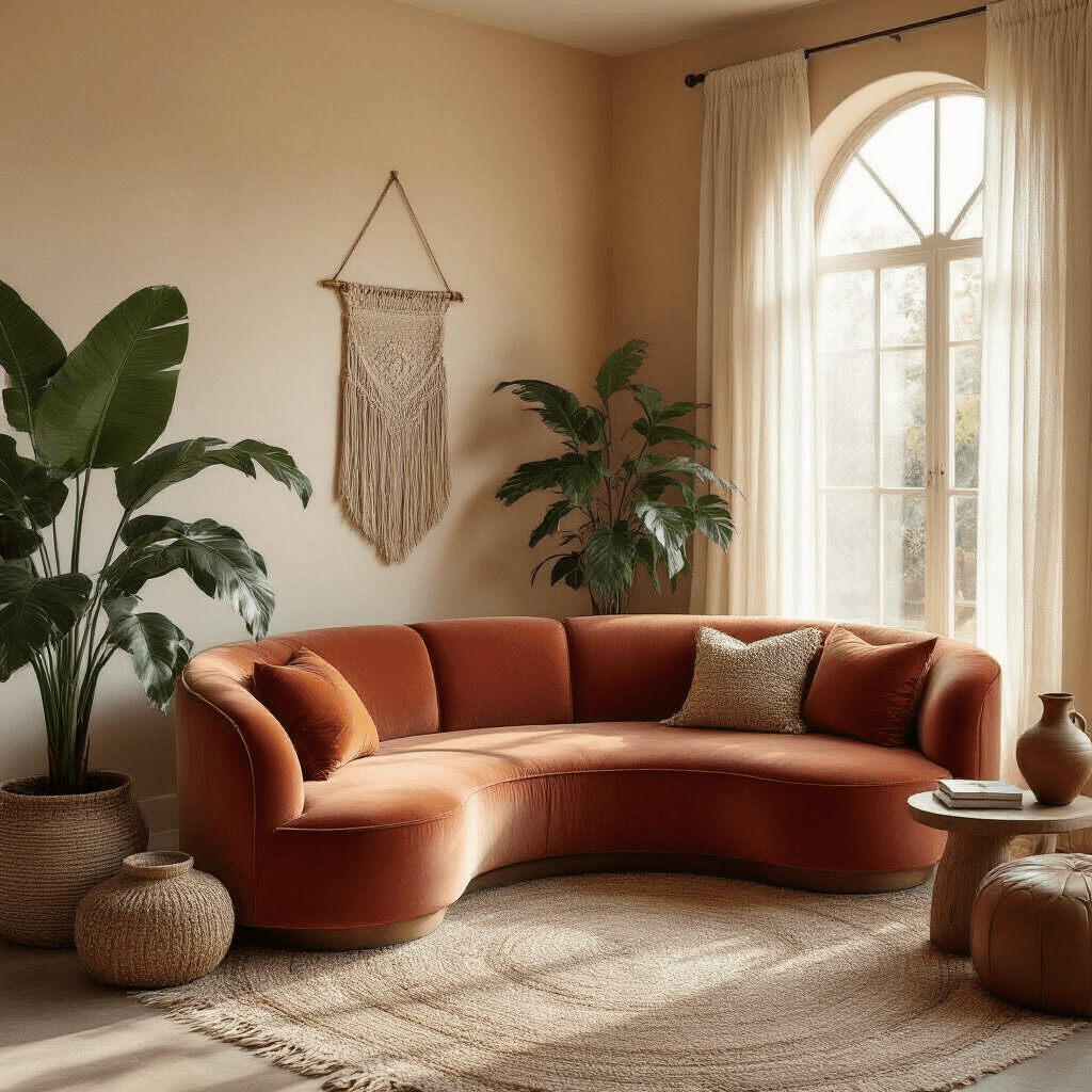 Ultra-detailed photorealistic image of a modern boho living room with a terracotta velvet sofa, large monstera plant, and warm beige walls, illuminated by golden hour sunlight filtering through sheer ivory curtains, featuring a jute and vintage Persian rug, mid-century side table with a ceramic vase, and macrame wall hanging.