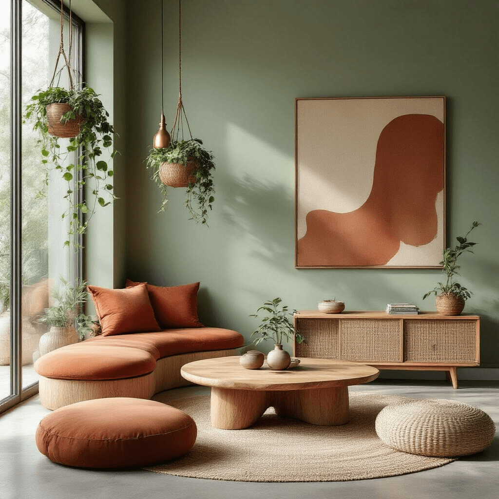 Cinematographic view of a minimalist modern boho living space featuring sage green walls, a kidney bean-shaped wooden coffee table, oversized floor cushions in rust and cream, large floor-to-ceiling windows, hanging ceramic planters with pothos, a woven rattan media console, a vintage brass floor lamp, and large abstract artwork in muted terracotta tones, capturing intricate textures and soft shadows.