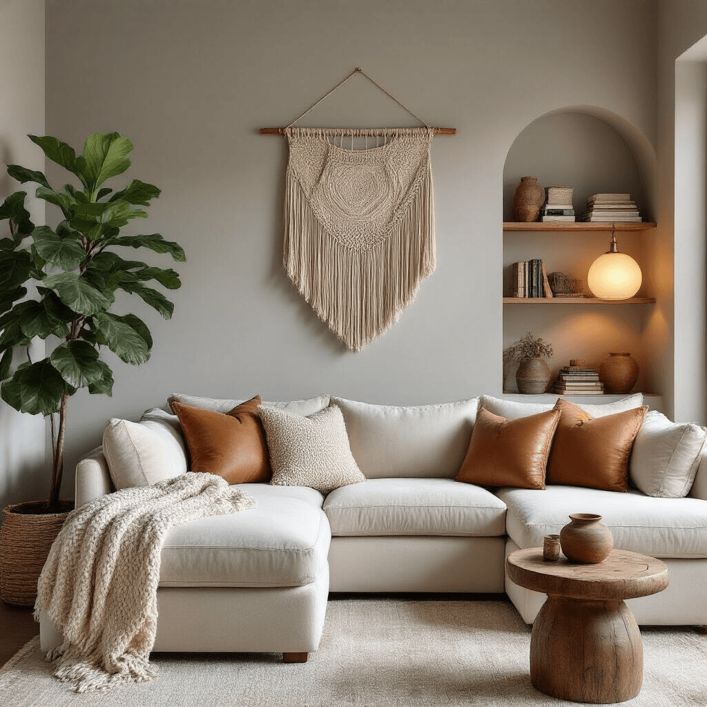 Intimate modern boho living room with soft gray walls, featuring a creamy velvet sectional sofa, layered textures, a fiddle leaf fig, vintage wooden side table, macrame wall hanging, and warm ambient lighting.