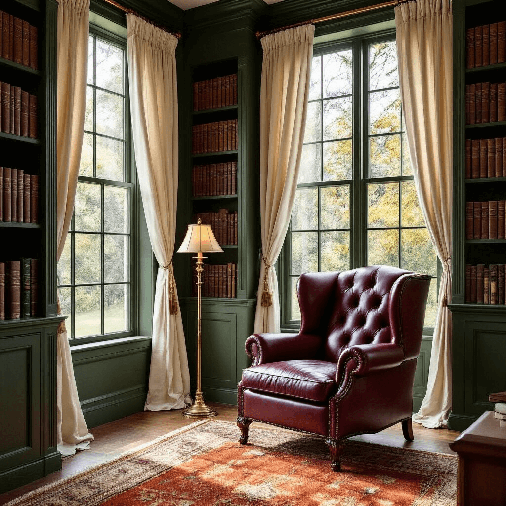 Ultra-detailed interior of an elegant home library with forest green walls, vintage burgundy leather armchair by large bay windows, soft cream curtains, antique brass floor lamp, walnut bookshelves with leather-bound books, and a Persian rug showcasing rich colors and textures.